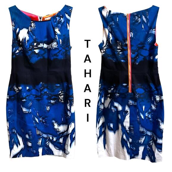 Tahari Dress Women's SZ 4 Sleeveless Sheath Blue Black Colorful Back Zipper - Picture 1 of 16